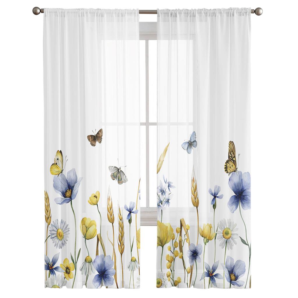 Fenstervorhänge mit Blumen- und Schmetterlingsmotiv, Weizenohr, für Wohnzimmer, Schlafzimmer, Küche, Chiffon, durchsichtige Fensterbehandlung