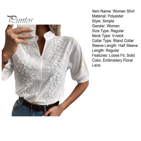 Women Casual Shirt Embroidery Floral Lace Solid Color Pullover Tops Stand Collar V-neck Half Sleeve Relaxed Fit Shirt