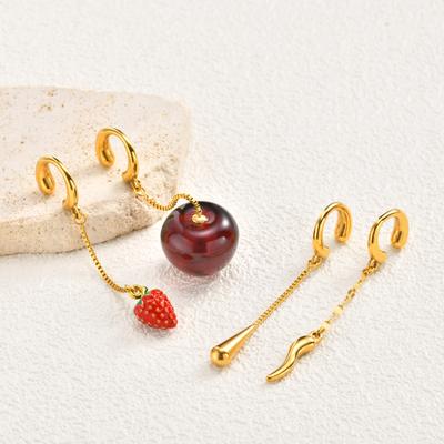 Stainless Steel Non-piercing Cuff Ear Clip Earring, Cherry Strawberry Long Chain Fake Piercing Ear Bone Clip On Earrings