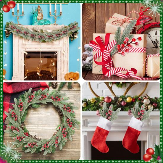 Yousheng 18 Stück Künstliche Verschneite Norfolkkiefer Zweige Rote Beeren Picks Künstlicher Zedernzweig Weihnachts-Stechpalmenbeeren Zweig DIY Vasenfüller Feiertagsdekoration