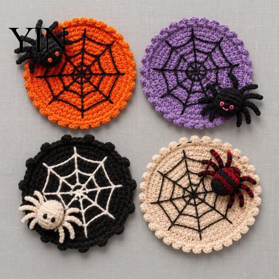 Heat Resistant Yarn Coaster Halloween Spider Web Coaster, Handmade Crochet Drink Mat for Crocheted Cup Pad Table, Spooky Gothic Table Mats Coffee And