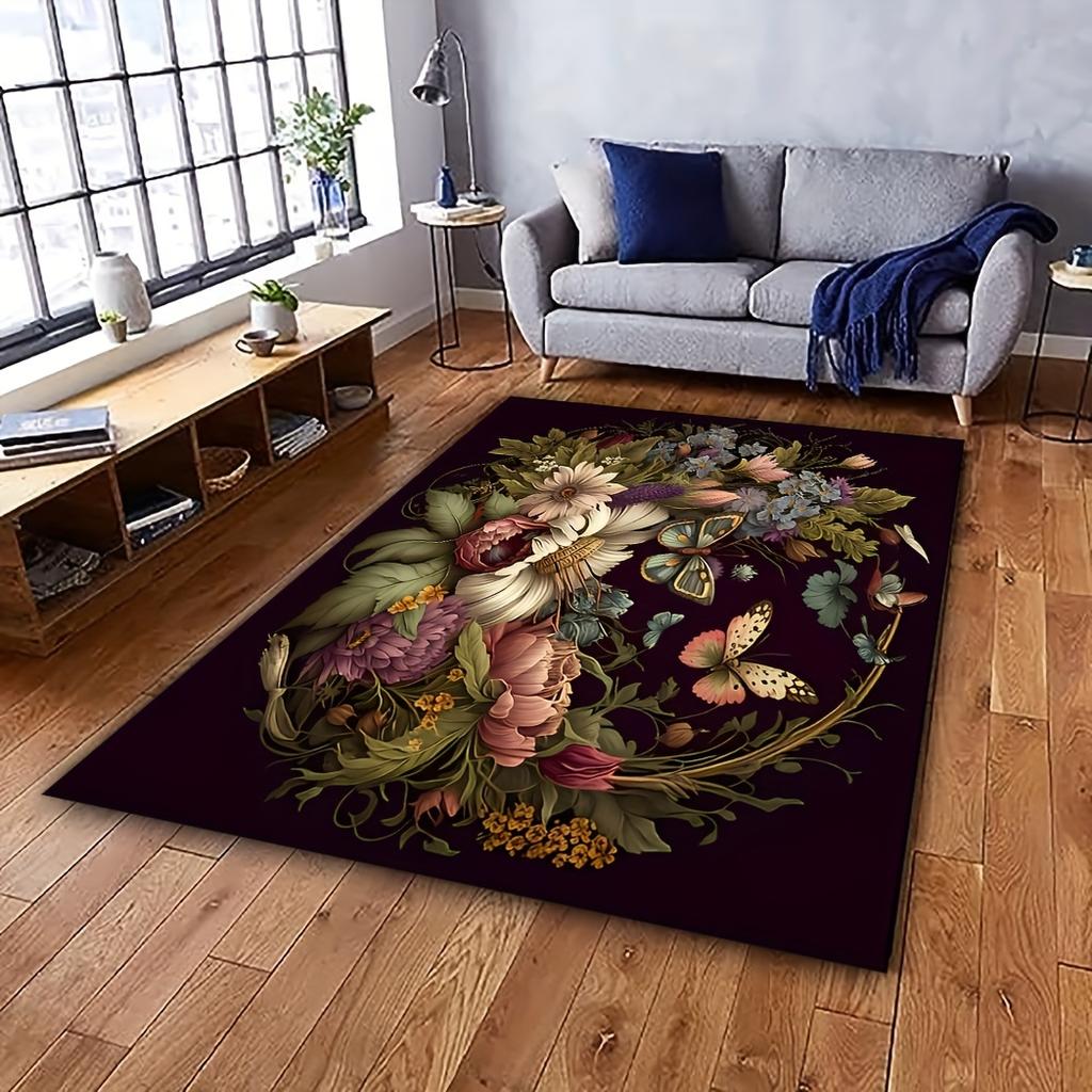 Butterfly Floral Rug – Non-Slip Polyester Mat for Living Room, Bedroom, Kitchen or Entryway Indoor/Outdoor Decor