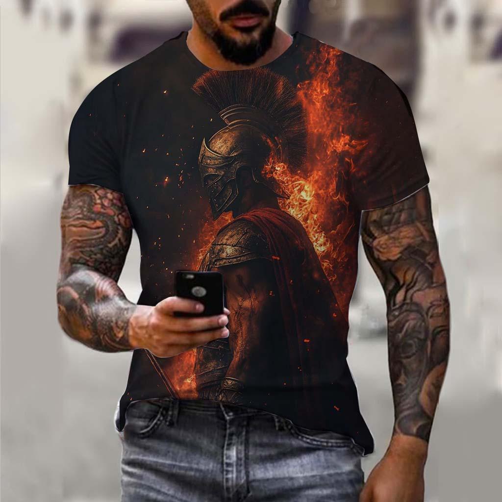 Samurai 3D Printed Short Sleeved T-shirt Summer Breathable Polyester Simple Round Neck Top
