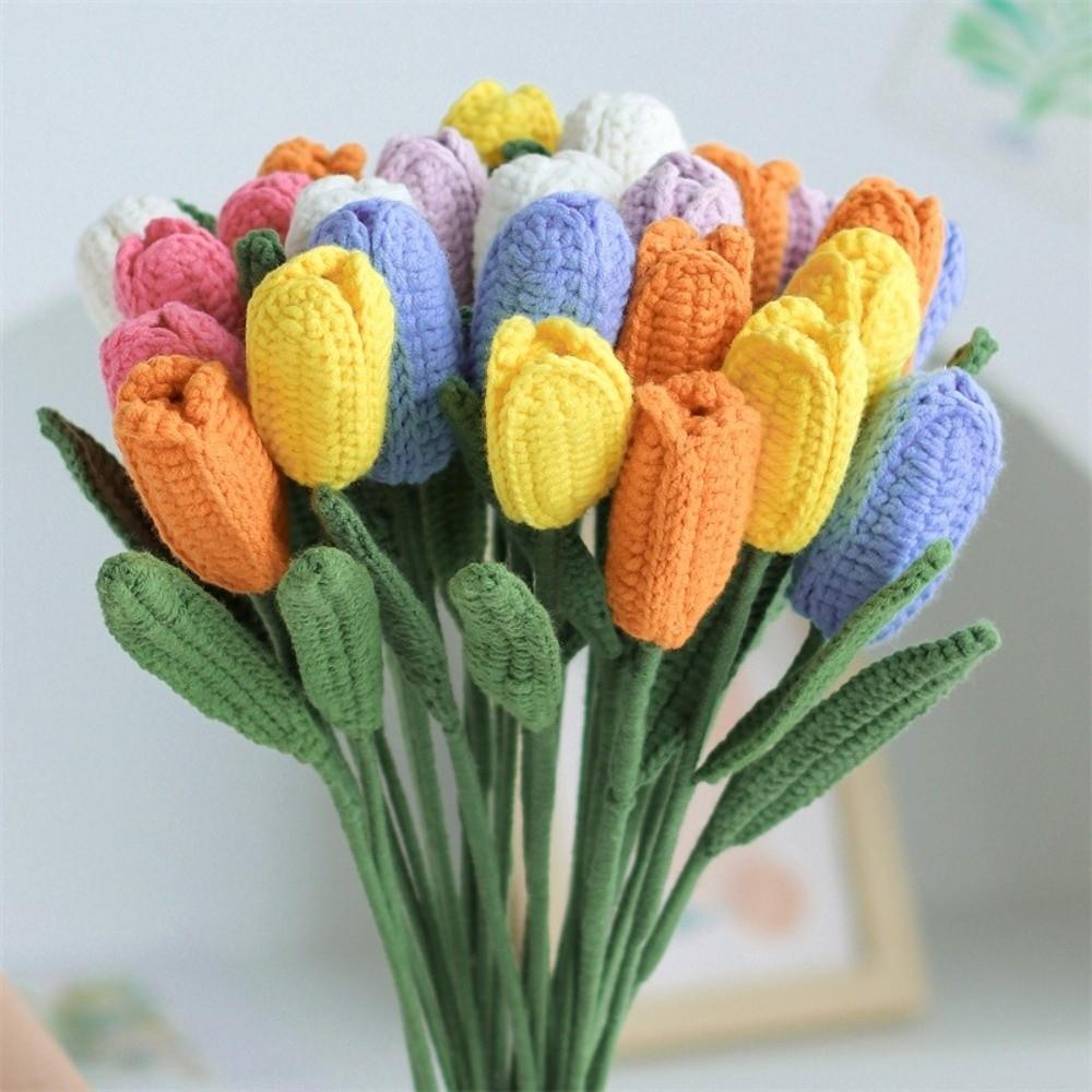 Hand-woven Crochet Bouquet Creative Finished Handmade Plant Knitted Tulips Flower  Home Decor