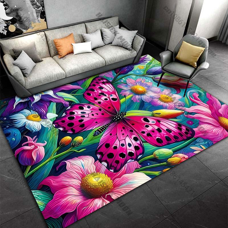 Vibrant butterfly among flowers carpet Yoga living room room decor children's crawling mat doormat area rug games mat