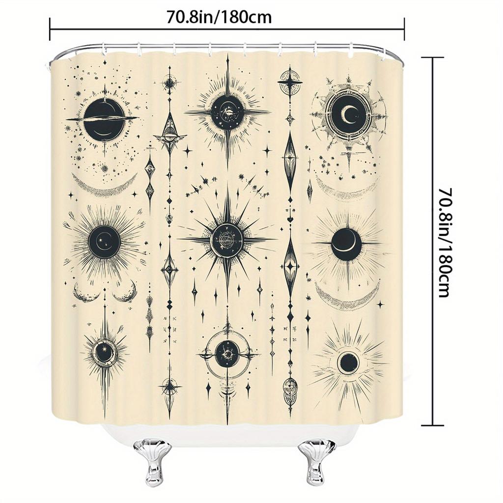 Celestial Design Bath Curtain, Symmetrical Black Astronomical Motifs On Cream, Polyester, Perfect for Modern Bathroom Decor