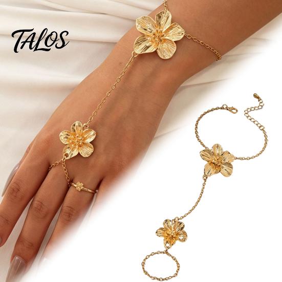 Adjustable Gold Chain Bracelet Flower Hand Link with Finger Ring for Matte Gilt Women Women, Hibiscus Flowers O Bracelet, Floral Fairy Jewelry