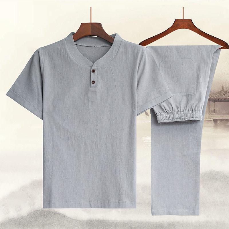 Men's Summer Chinese Style Sets Vintage Cotton Linen Short Sleeve V-neck Shirt and Pants Suit Sets Loose Casual Men Outfits