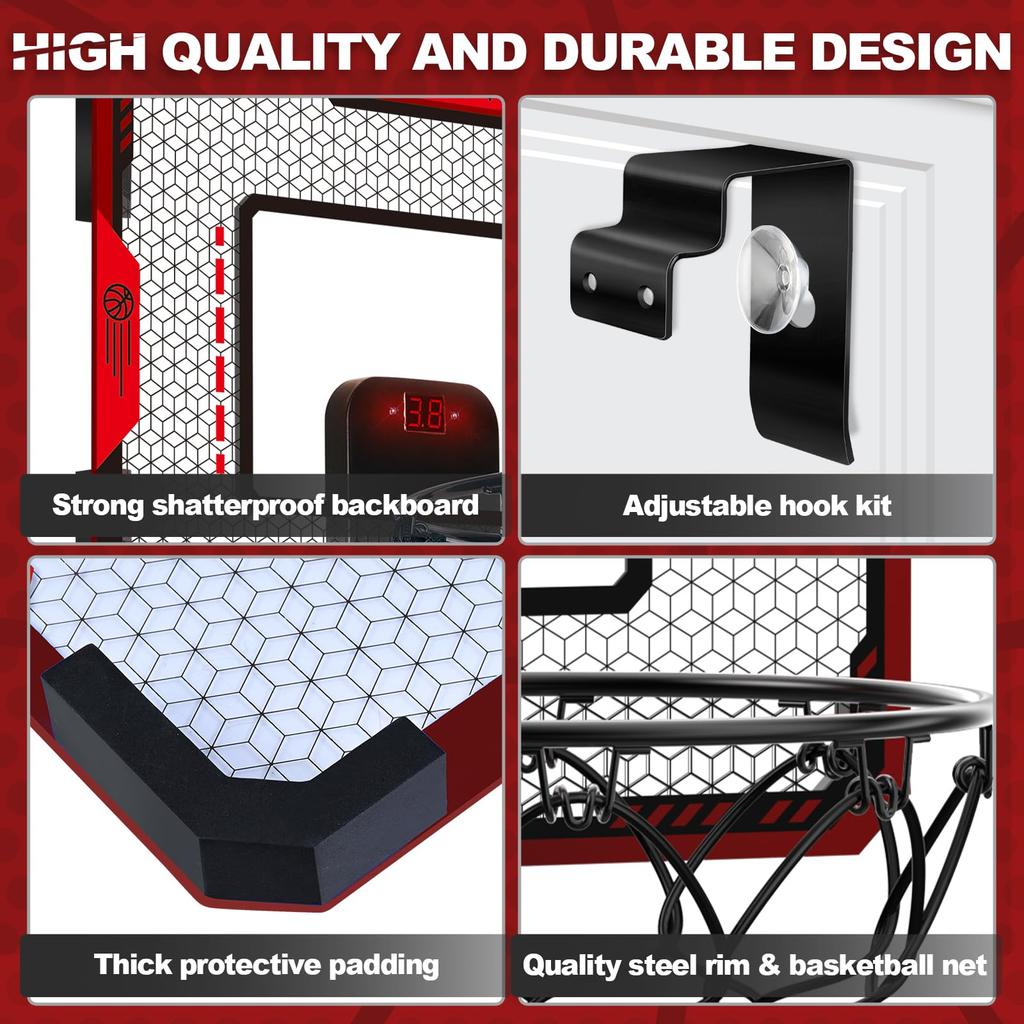 Kids' Indoor Basketball Hoop with Electronic Scoreboard, Mini Over-the-Door Basketball Hoop with 3 Balls, Basketball Sports Toy for Boys Ages 6-8,