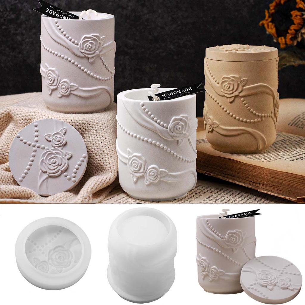 Pearl Ribbon Rose Candle Jar Silicone Mold DIY Relief Flower Shape Storage Box Making Molds Plaster Resin Vase Home Crafts Decor
