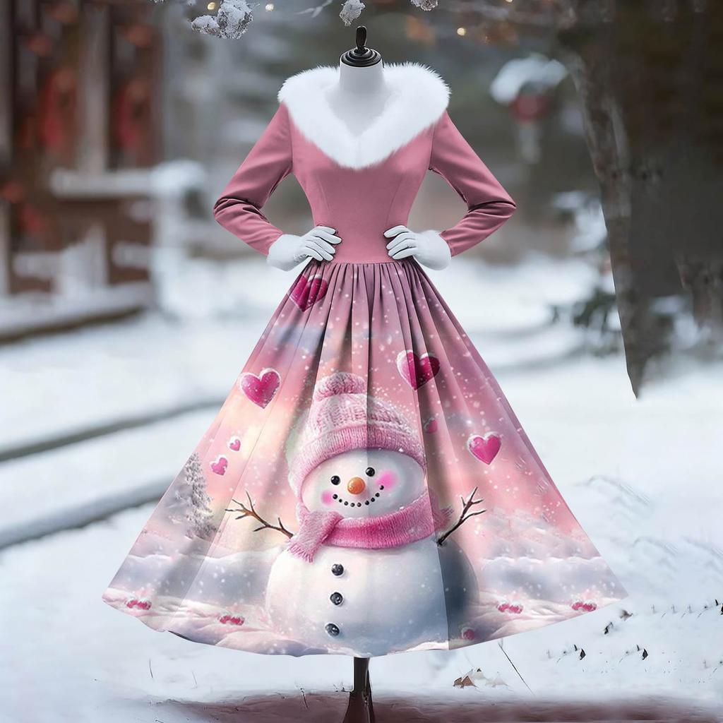 Women's Casual Dress Long-Sleeve V-Neck Patchwork Fleece Christmas Print Dress