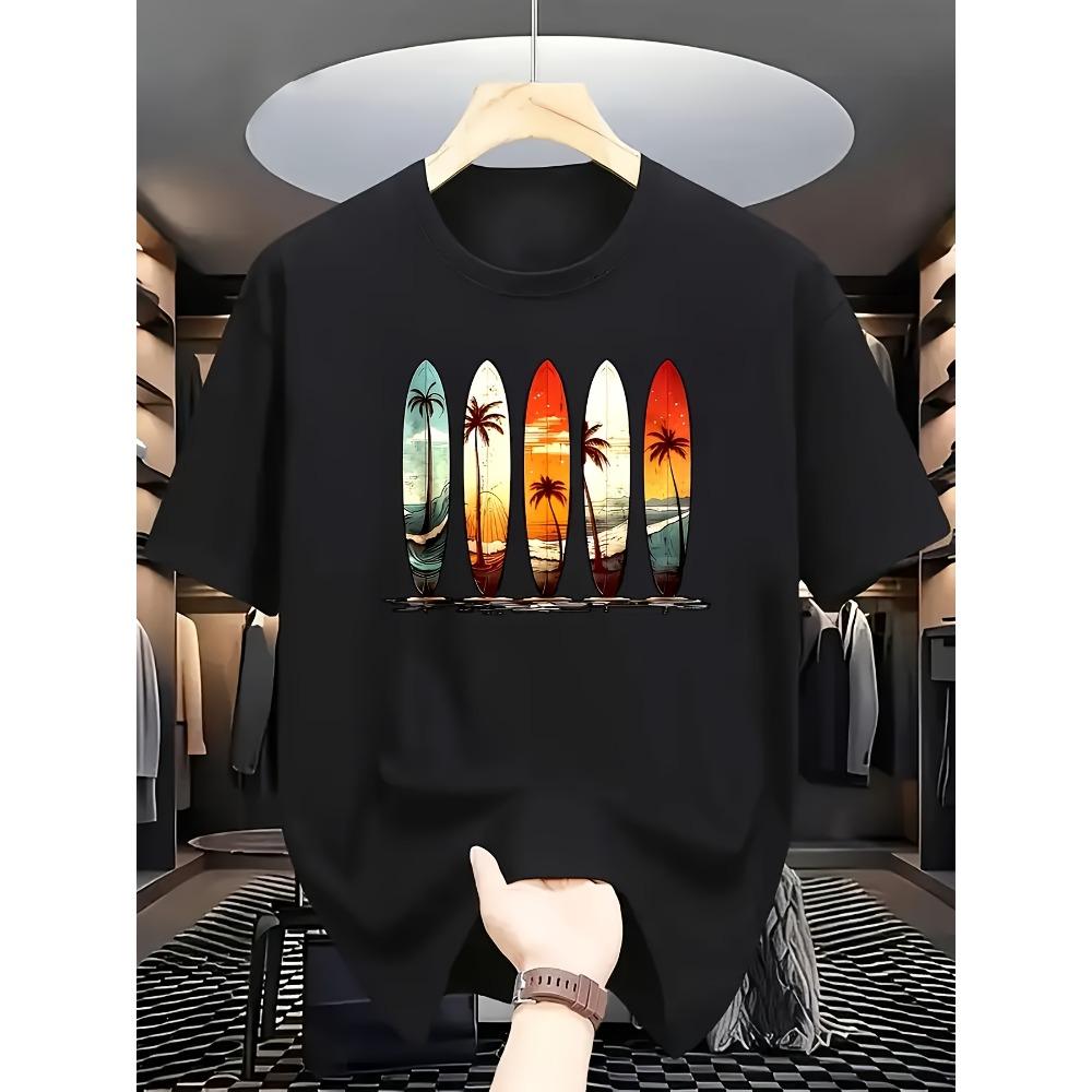 Sommer 100% Reine Baumwolle Herren Modisches Lässiges T-Shirt mit Aufdruck von Surfbrett- und Palmenbaum-Muster