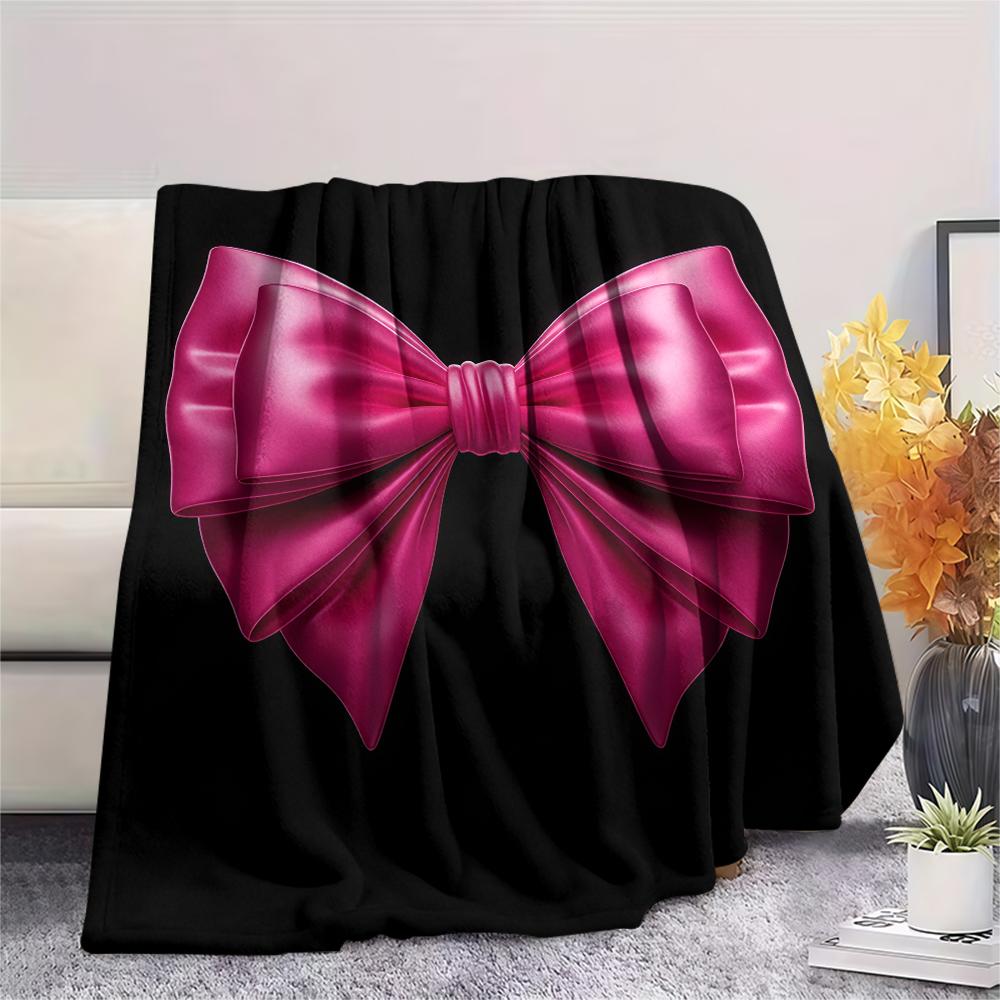 1Pc Pink Bow Print Flannel Blanket, High quality Comfortable for All Seasons, Home Decor, Warmth and Comfort, Perfect for Christmas Gifts W29