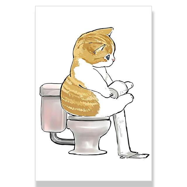 Toilet Cat Playing Mobile Phone Paper Poster Simple Pet Prints Canvas Painting Wall Art Pictures Home Bathroom Room Decoration
