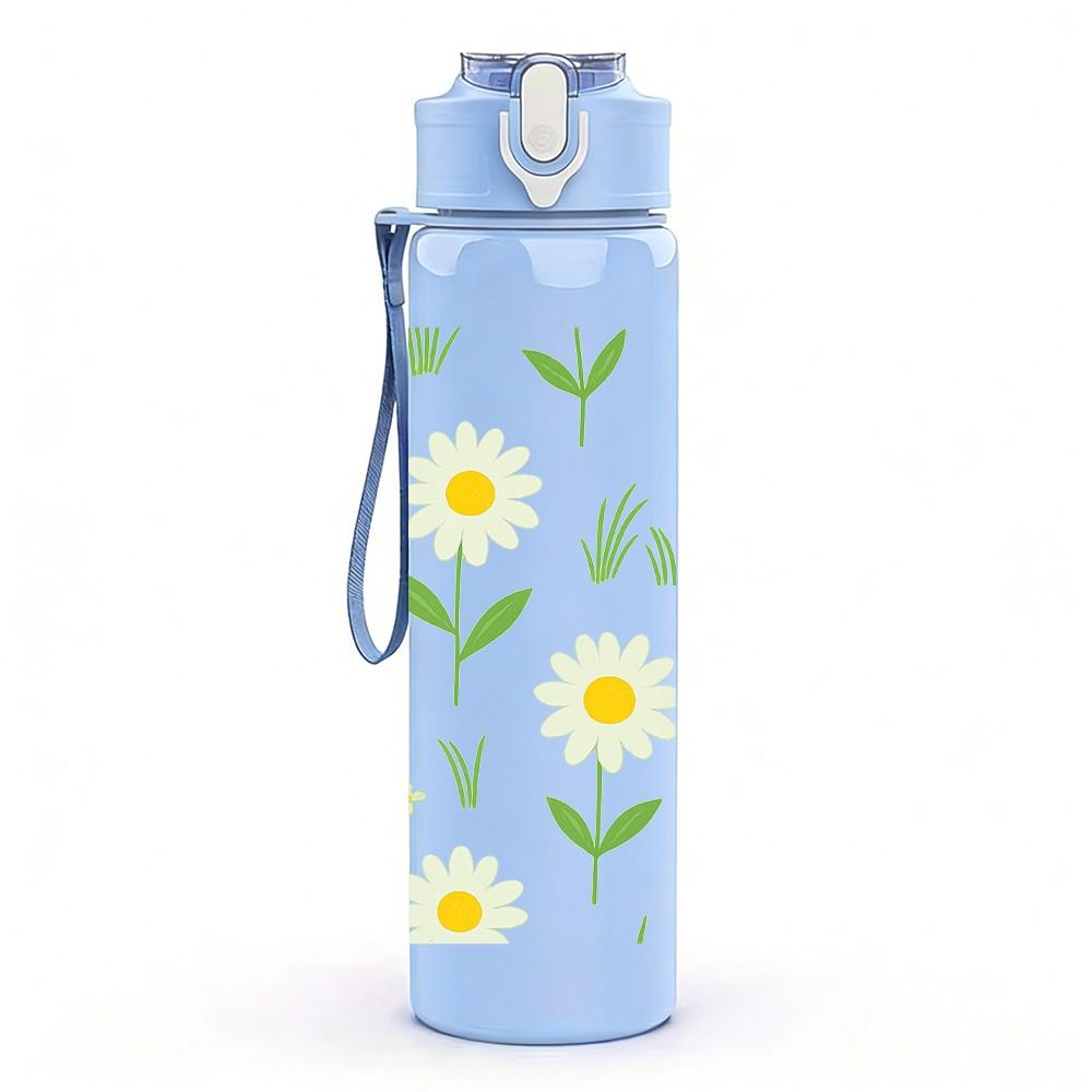 1PC Simple White Daisy Flower Group Print 750ml Color Plastic Sports Water Bottle Leakproof Flip Straw Lid Suitable for Sports Office Home Use