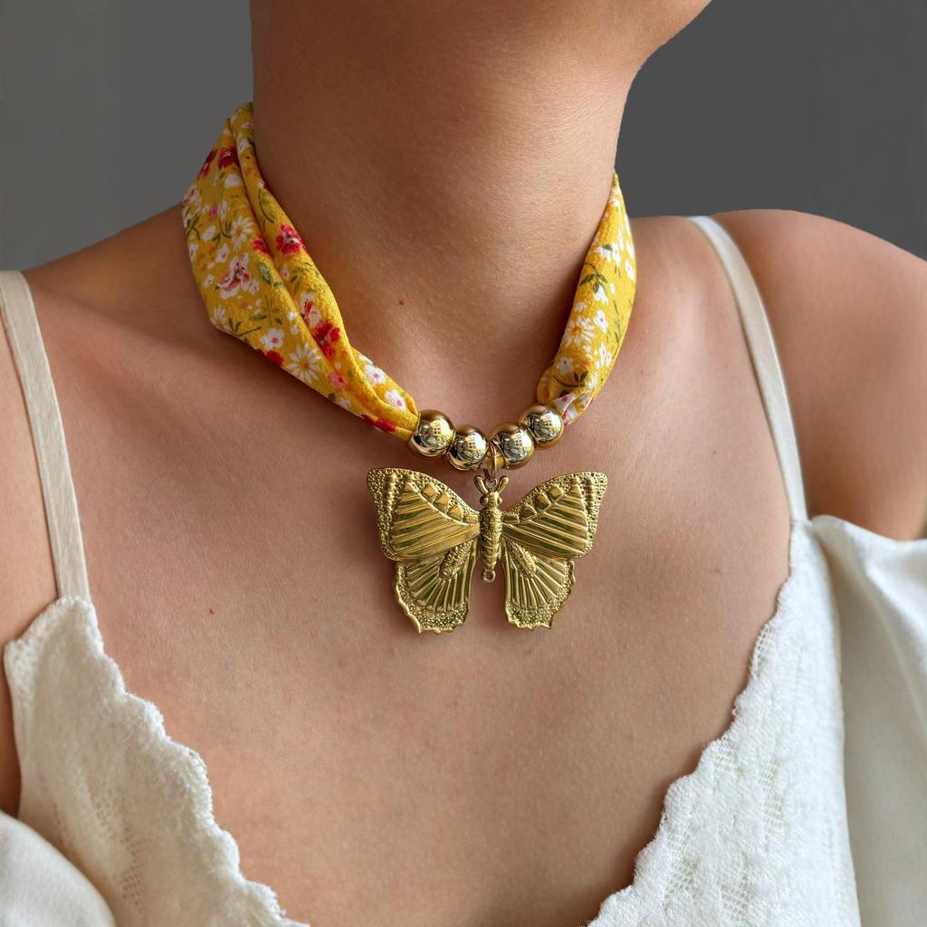 Retro Stainless Steel Butterfly Pendant Necklace with Fabric Strap - Versatile Light Luxury Jewelry for Women