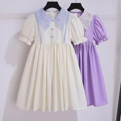 Girls' Summer Korean-Style Short-Sleeve Doll Collar Dress - Princess College Style Skirt for Middle and Large Children