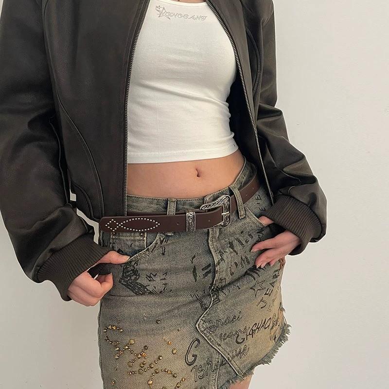 Retro American Style Pu Leather Belt For Women With Square Metal Buckle For Punk Fashion