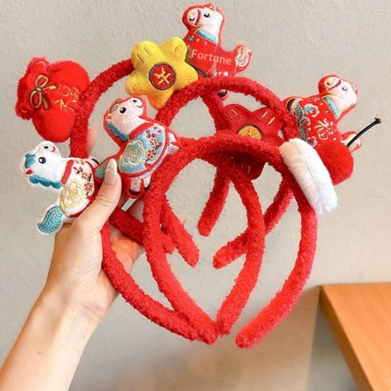 Sweet Cartoon Horse Hair Hoop Pony Red Headpiece Good Luck Headwear 2026 New Year Headband Children Headwear