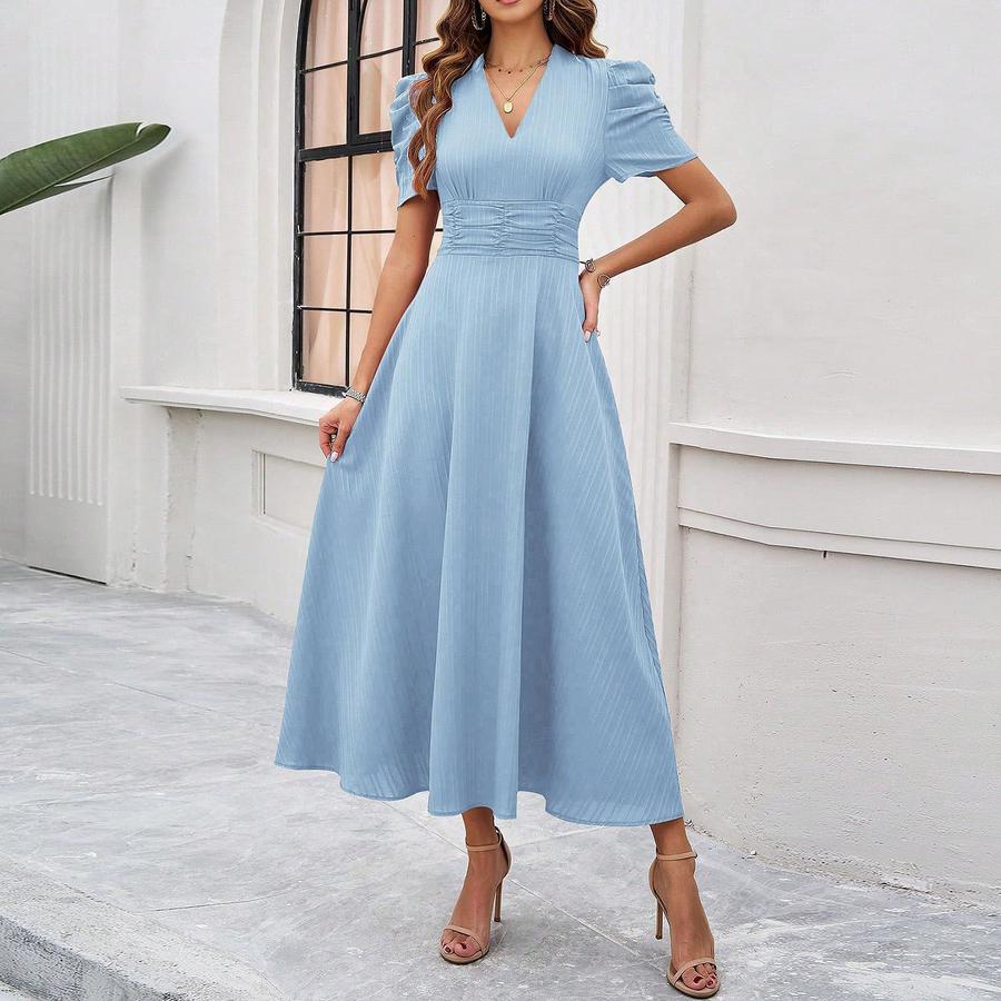 Summer Women's Fashion Chic High Waist Solid Short Sleeve Ruched Dress