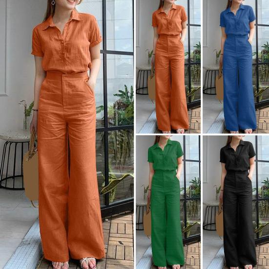 2 pçs/set calças femininas camisa terno lapela manga curta single-breasted perna larga solta bolsos de cor sólida cintura alta senhora conjunto calças superiores