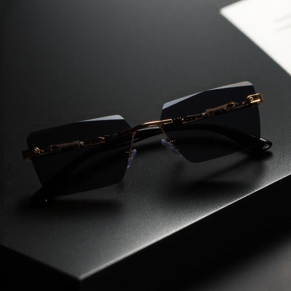 Unisex Luxury Frameless Black Golden Sunglasses with Leopard Print - UV400 Protection, Thin Rectangular Lenses, Elegant Design