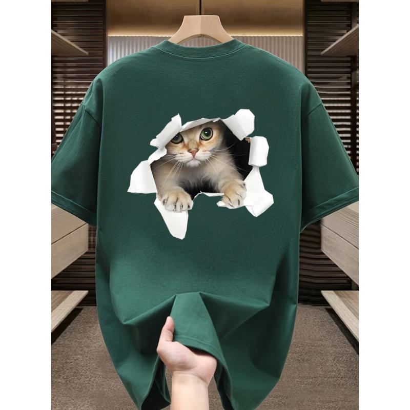 Men's Summer 100 Cotton Fashionable Casual Loose Large Size 3D Cat Pattern Printed Sports Round Neck Short Sleeve T-shirt Top