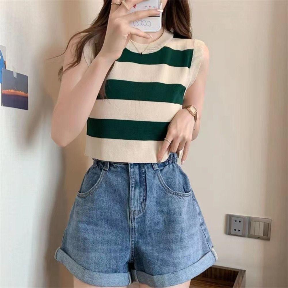 1PC Armpit Knitted Crop Top Round Neck Plaid Pattern Summer Fashion For Women Waistcoat