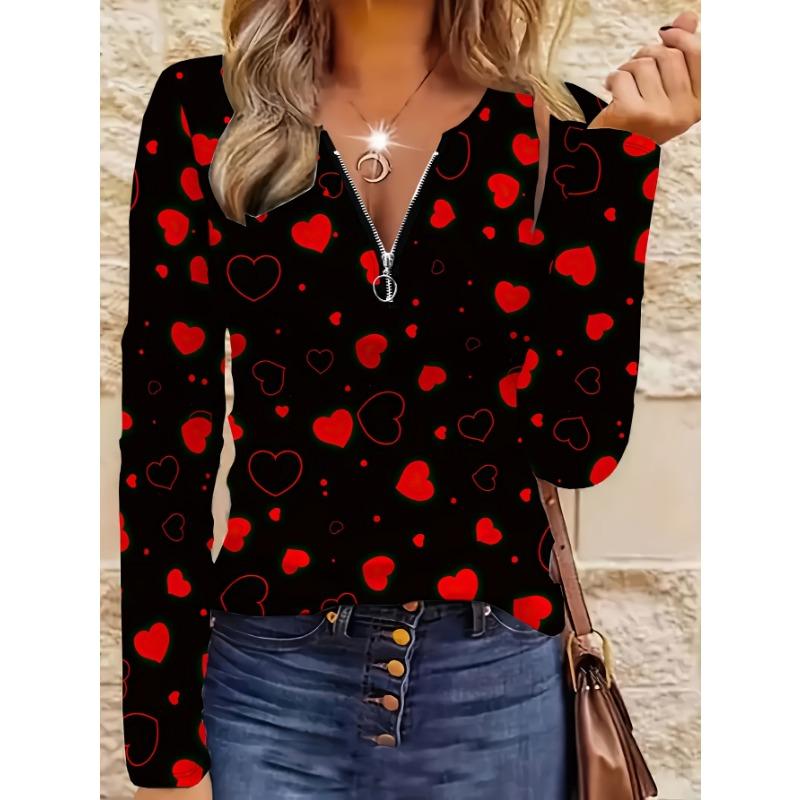 Valentine's Day Limited New Red and Black Love Printed Top Zipper V-neck Casual Women's Fashion Sweet and Cool Style Slim Fit Top for All Seasons