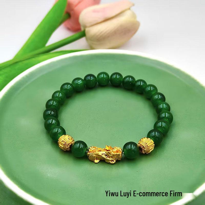 Green Agate Pixiu Wealth Attraction Bracelet - Round Beads Sand Gold Design, Best-Selling Jewelry with Single Circle.