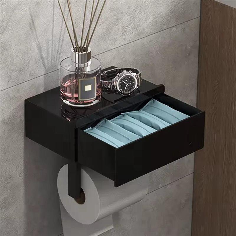 AS60-No-Drill,Bathroom Organizer For Essentials-Mounted Toilet Paper Holder In Sleek Black Featuring Shelf 1Pc Wall Mount Design