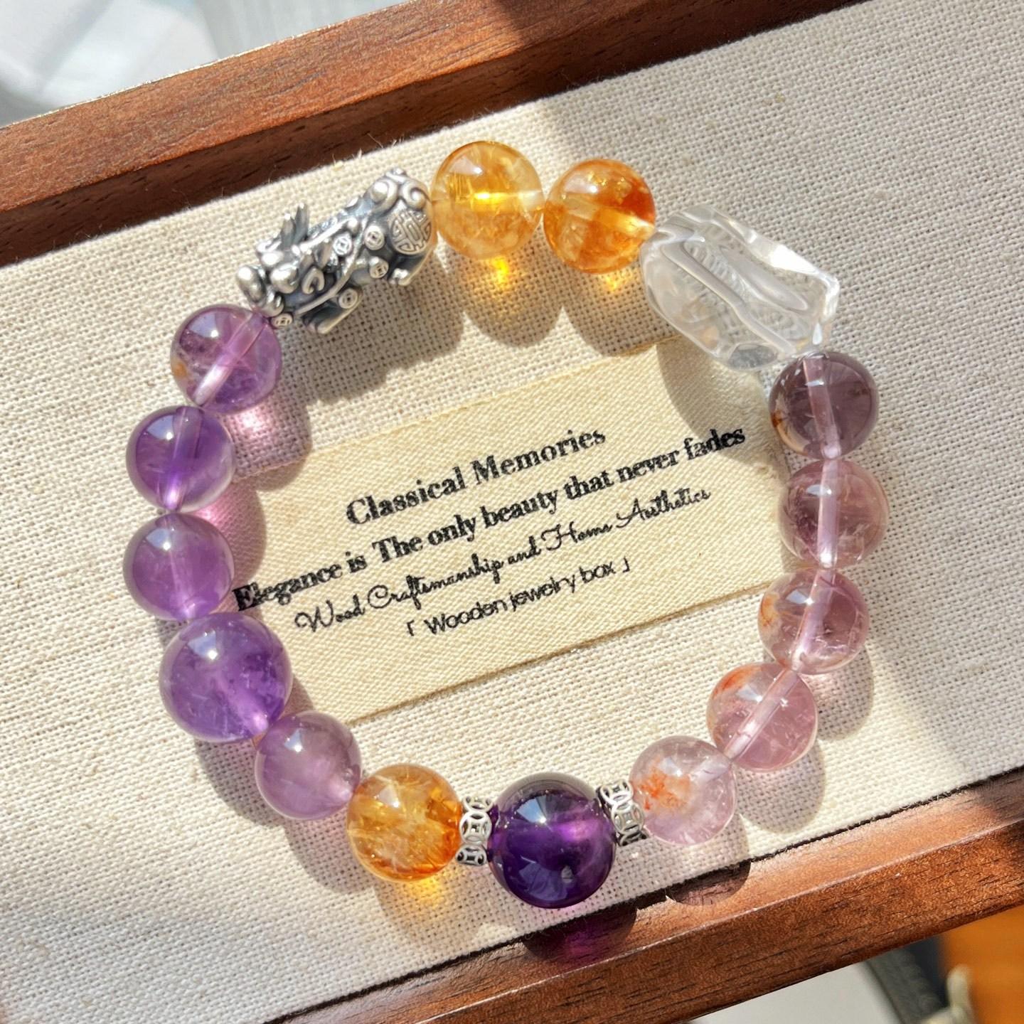 925 Silver Pixiu High Quality Vitreous Body Natural Amethyst Citrine White Crystal Bracelet Bracelet
