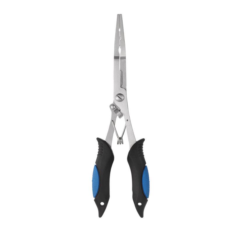 Extra Long Stainless Steel Fishing Pliers with Flat Nose, Line Cutter, and Fish Control Functions.