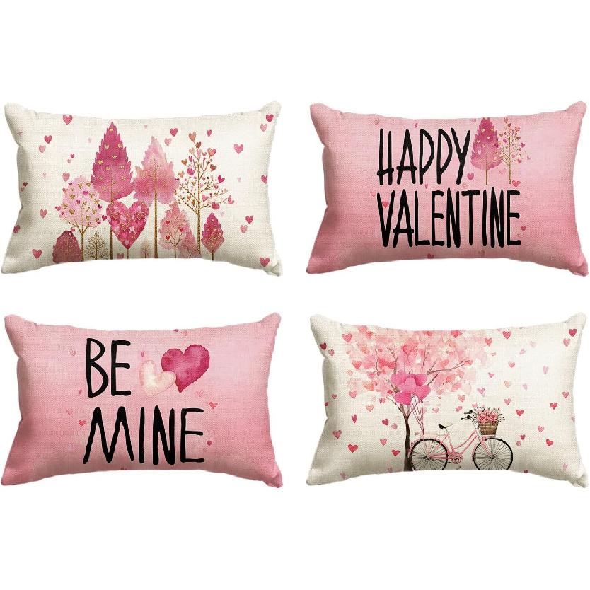 AVOIN colorlife Happy Valentine's Day Pink Heart Trees Throw Pillow Covers, 18 x 18 Inch Be Mine Bicycle Balloon Anniversary Wedding Cushion Case