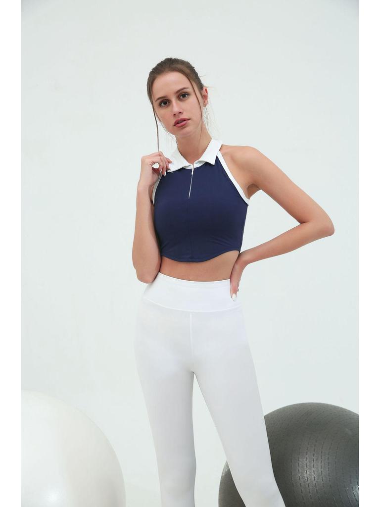 Women's Contrast Collar Sports Fitness Vest: Quick-Dry, High-Elastic, Chest-Padded, Zippered Top for Running & Yoga.