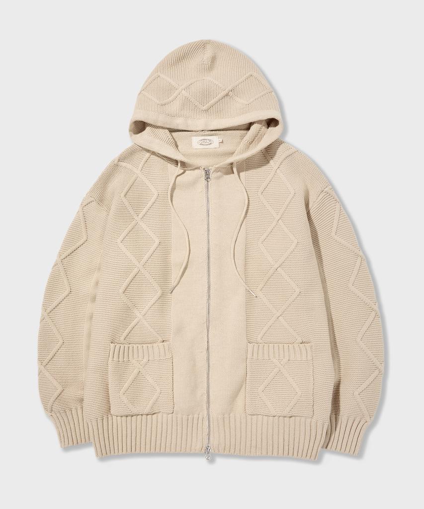 Amfeast Bold Cable Cotton Knit Zip-Up Hoodie Cream