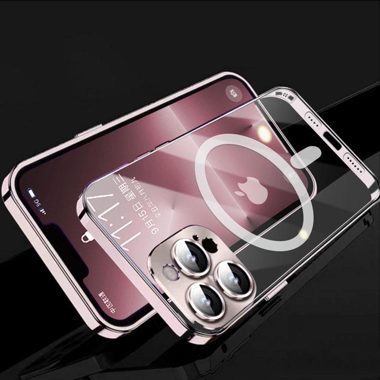 Luxusní pouzdro na telefon s magnetickým kovovým rámem pro iPhone 14 13 12 Pro Max Full Lens Glass Cover Matný průhledný zadní kryt
