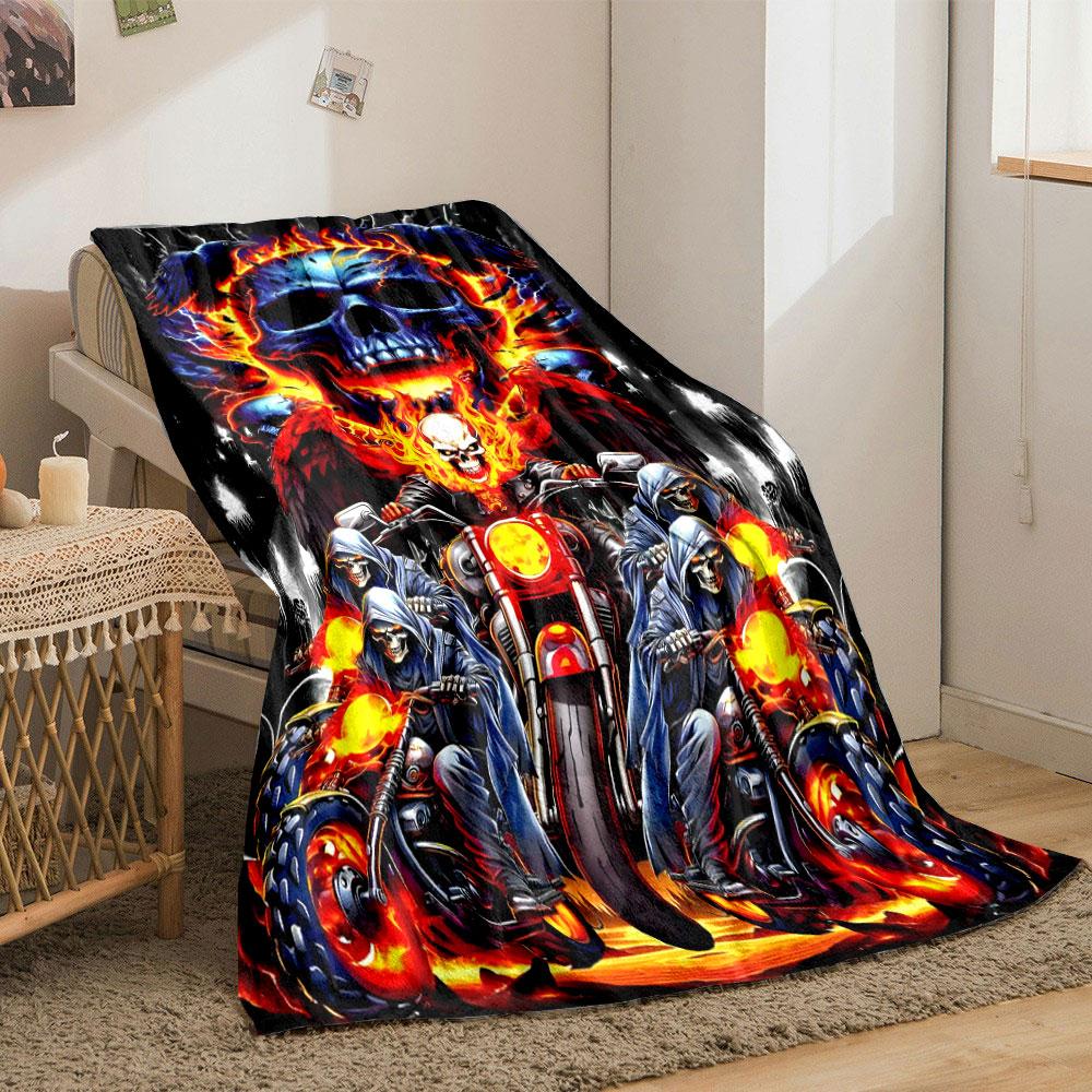 Skull Ghost Rider Motorcycle Blanket bedroom Blanket for Livingroom Couch lunch break Soft throw for Friend's festival Gift