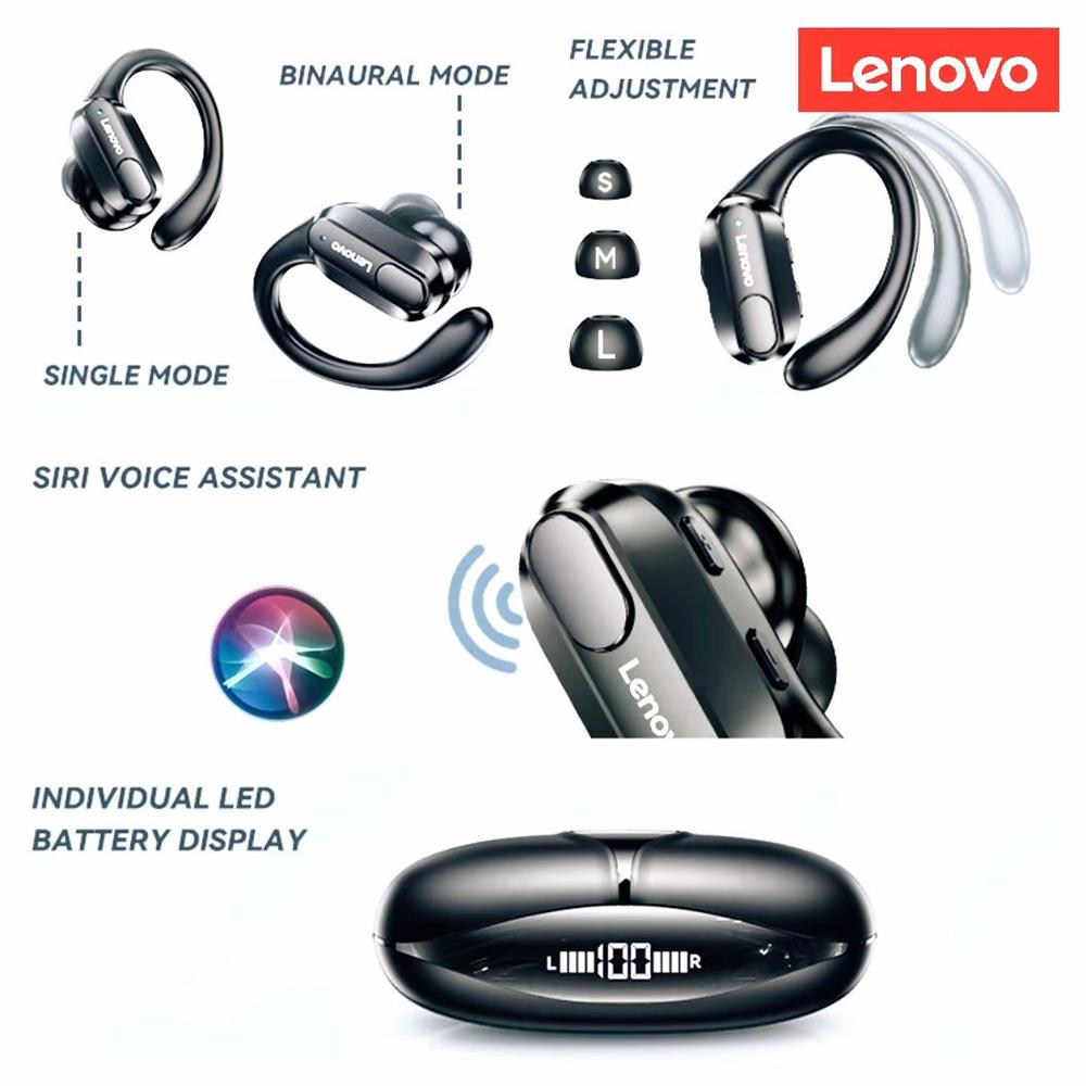 Auricolari originali Lenovo XT80 True Wireless Bluetooth 5.3 con controllo del pulsante del microfono Display di alimentazione Riduzione del rumore Ganci per le orecchie Cuffie impermeabili