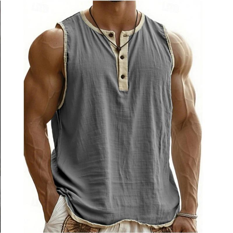 Men Contrast Trim Sleeveless Henley Vest Cotton Linen Loose Casual Tank Top S серый