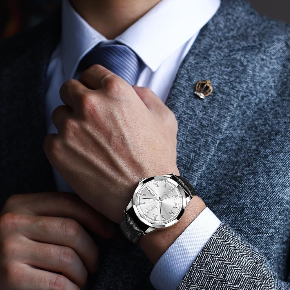 OLEVS Men's Analog Quartz Watch Black Waterproof Leather Strap Simple Design Silver Dial Date Display