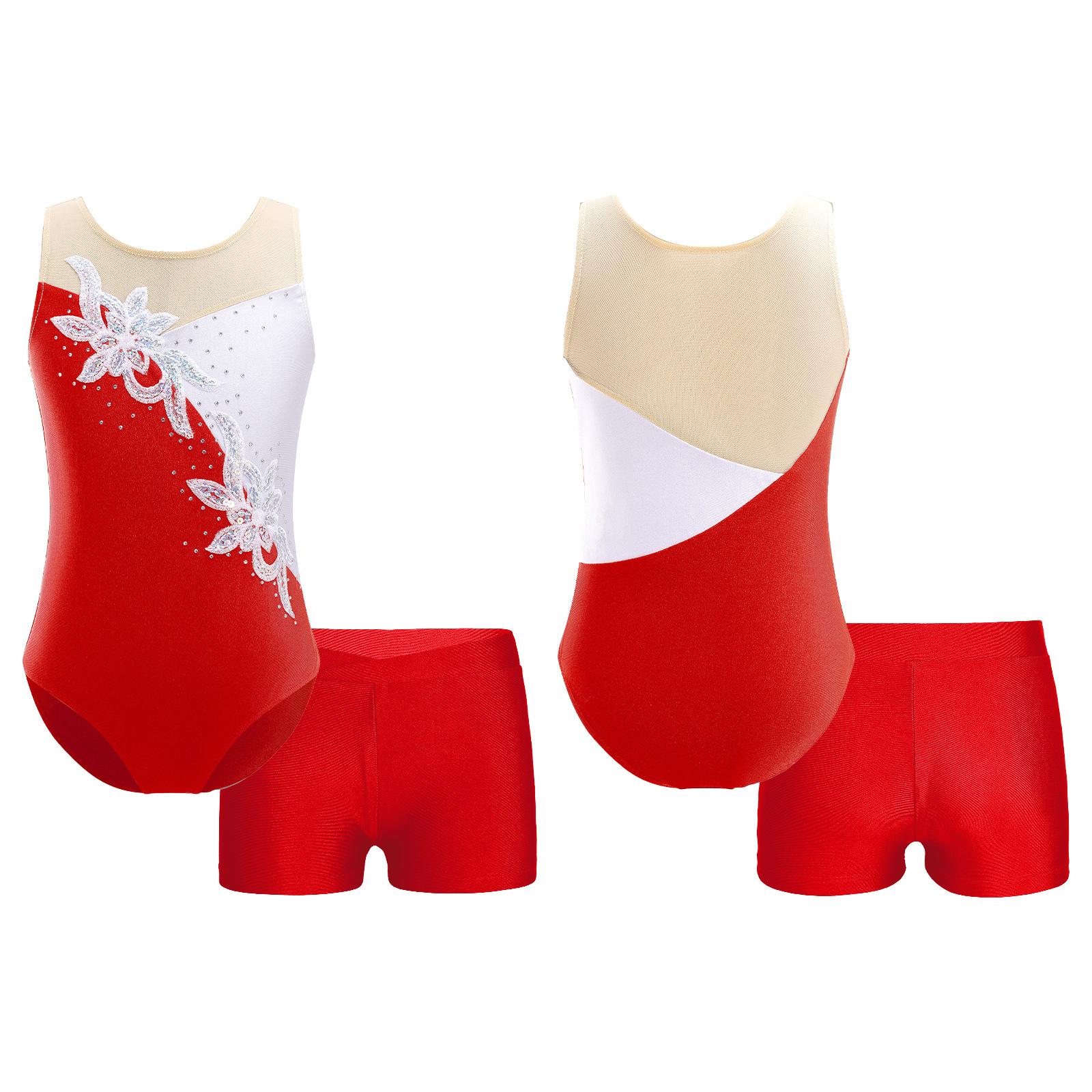 

Гімнастичні трико для дівчаток без рукавів у стилі печворк із 2 шт., балетні танцювальні боді з шортами 9-10 Years червоний