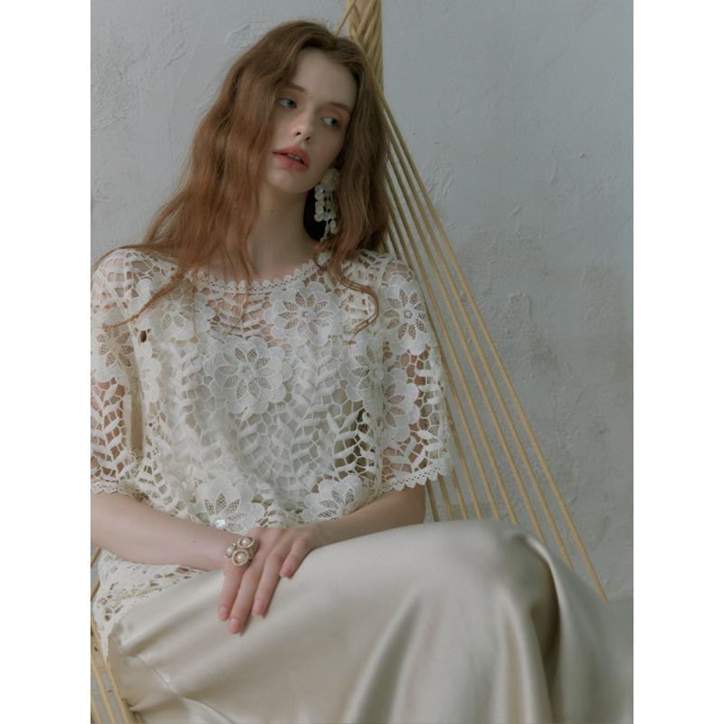 DIMANAF 2025 Neues T-Shirt Damen Strickspitze Blume O-Ausschnitt Aushöhlung Sommerstil Basic Oberteile T-Shirts Lockere Kleidung