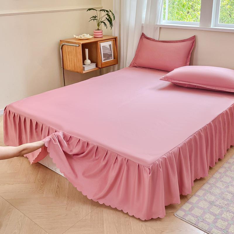 White Ruffled Bed Skirt Solid Color Dust Ruffle Cover with Elastic Cotton Washed Bedspread Non-Slip Mattress Protector Four Season Universal Bedding