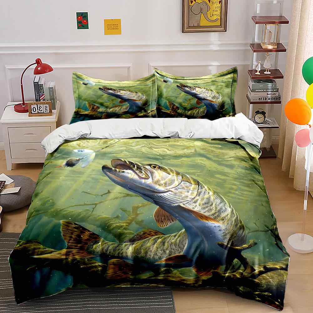 Large Fish Hunting Underwater Bedding Set For Kids Luxury Gift 3Pcs Digital Print Comforter Set Soft Comfortable Breathable
