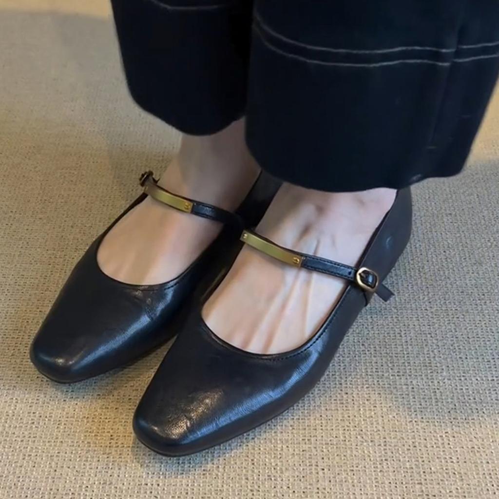 Shallow Mouth One-word Buckle Black Mary Jane Shoes Women's Retro Flat Bottom Comfortable Versatile Square Head Small Single Shoes