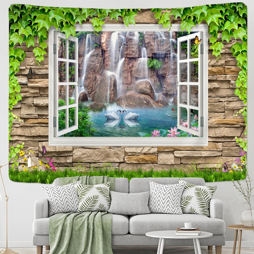 Scenery Outside the Window Tapestry Wall Hanging Sandy Beach Picnic Rug Camping Landscape Tapestries Pad Home Decor Wall Cloth