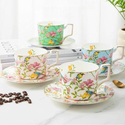 Luxury Gold Rim Bone China Coffee Cup and Saucers 270ml, Elegant Floral Bird Porcelain Tea Cup Tableware Set, Daily Coffee Cup for Home