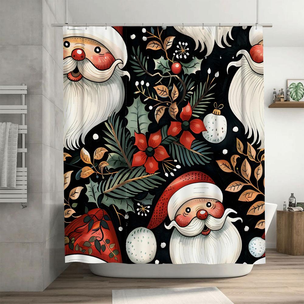Xmas Santa Claus Shower Curtain Festive Christmas Decor with Floral Patterns for Bathroom Black Red Color Combination 72 x 84 in