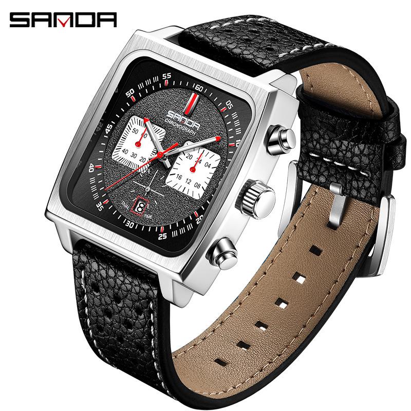 Sanda Six-Needle Luminous Men s Calendar Watch with Leather Strap